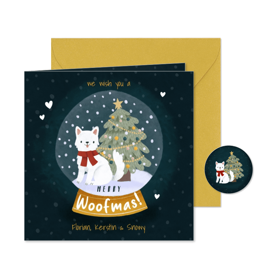 Weihnachtskarte 'Merry Woofmas' Hund in Schneekugel - Karteneindruck