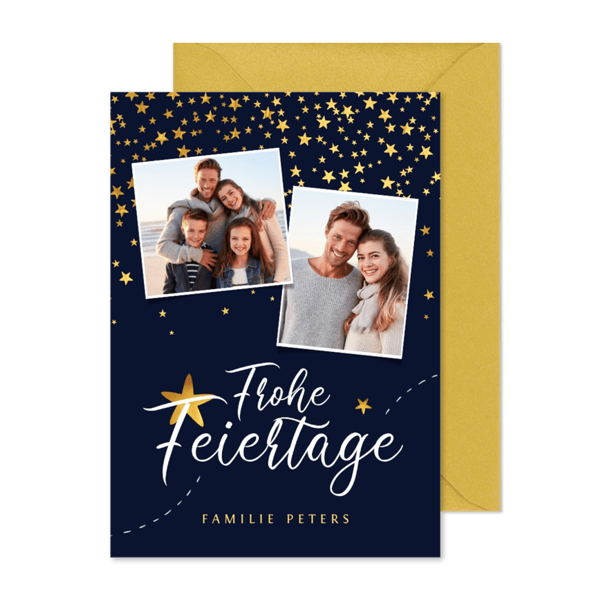 Weihnachtskarte mit 2 Fotos und goldenen Sternen - Karteneindruck
