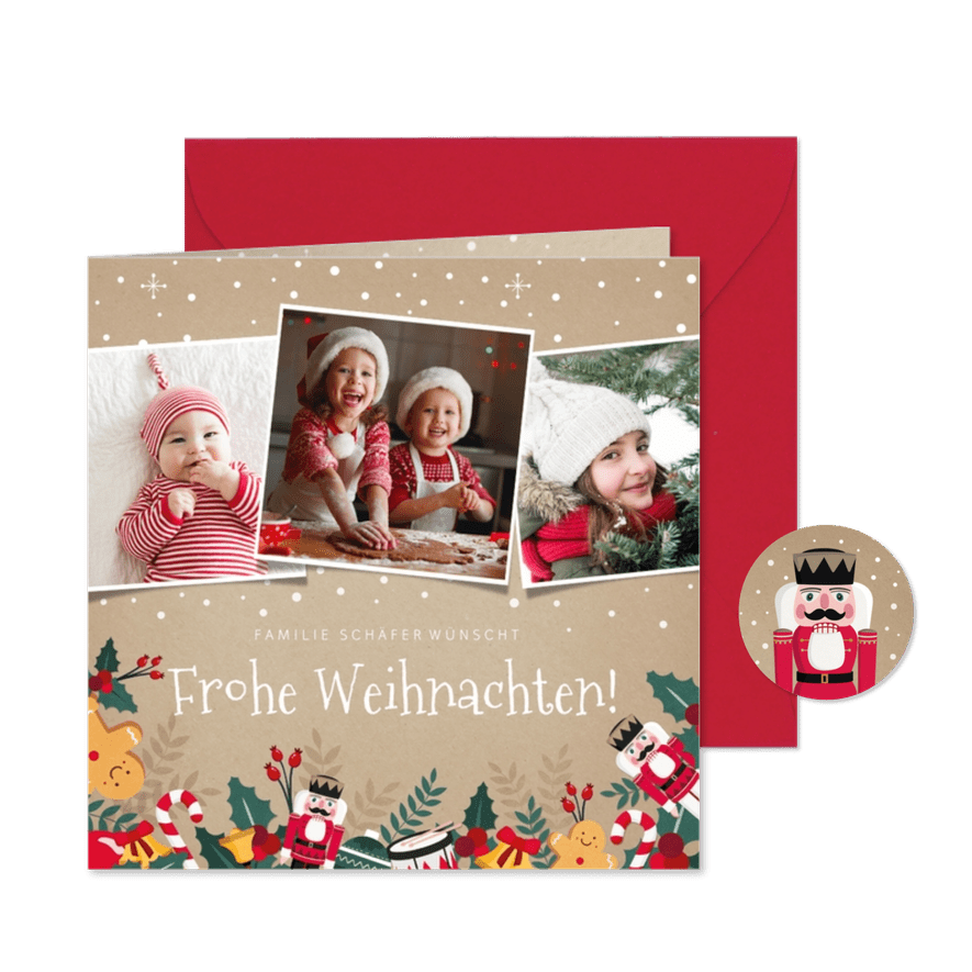 Weihnachtskarte mit 3 Fotos und lustigen Illustrationen - Karteneindruck
