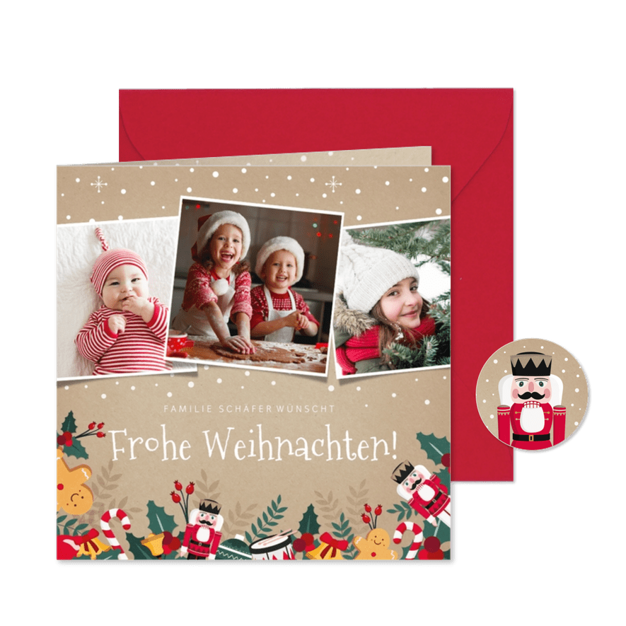 Weihnachtskarte mit 3 Fotos und lustigen Illustrationen - Karteneindruck