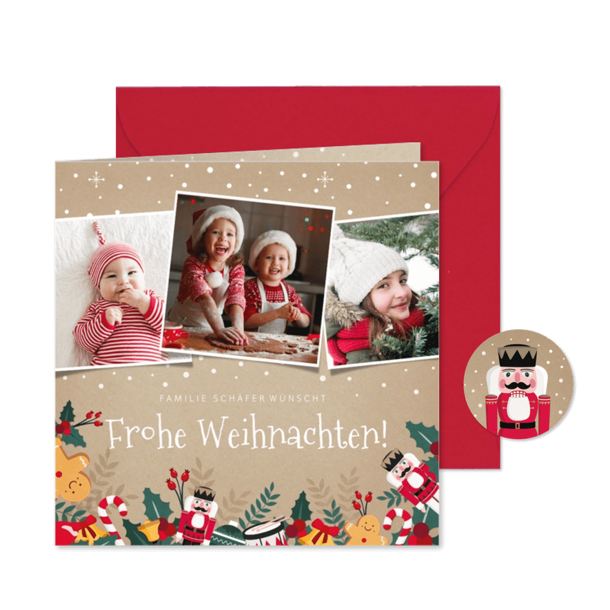 Weihnachtskarte mit 3 Fotos und lustigen Illustrationen - Karteneindruck
