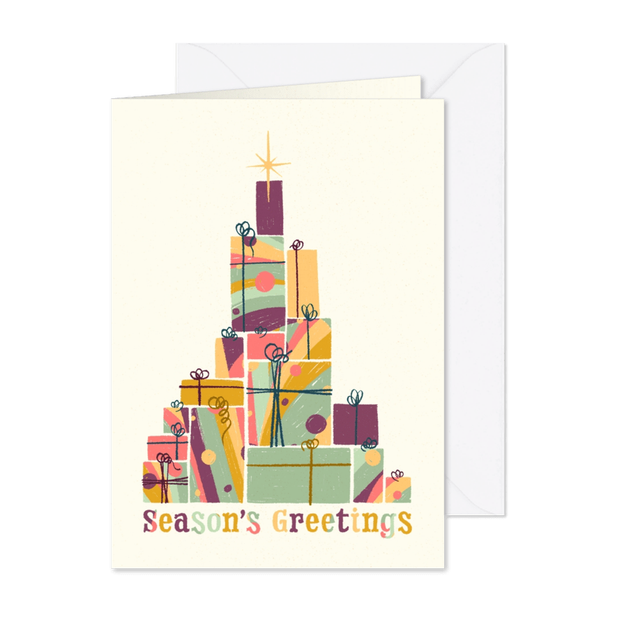 Weihnachtskarte mit bunten Geschenken - Karteneindruck