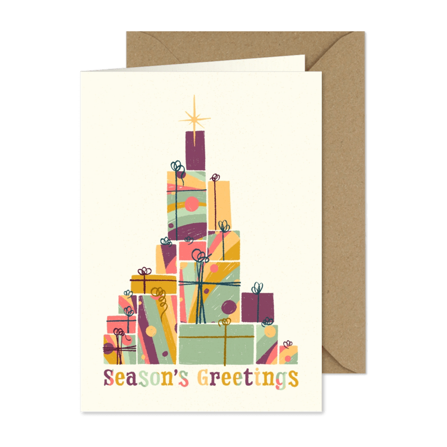 Weihnachtskarte mit bunten Geschenken - Karteneindruck