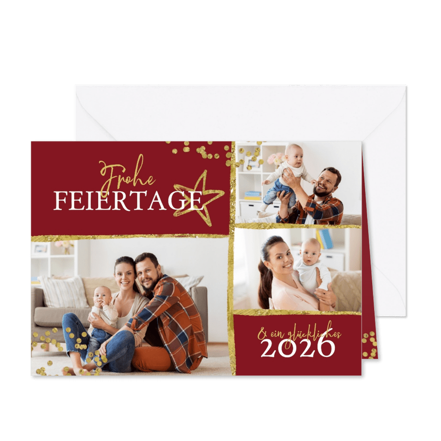 Weihnachtskarte mit drei Fotos, Konfetti und Stern - Karteneindruck