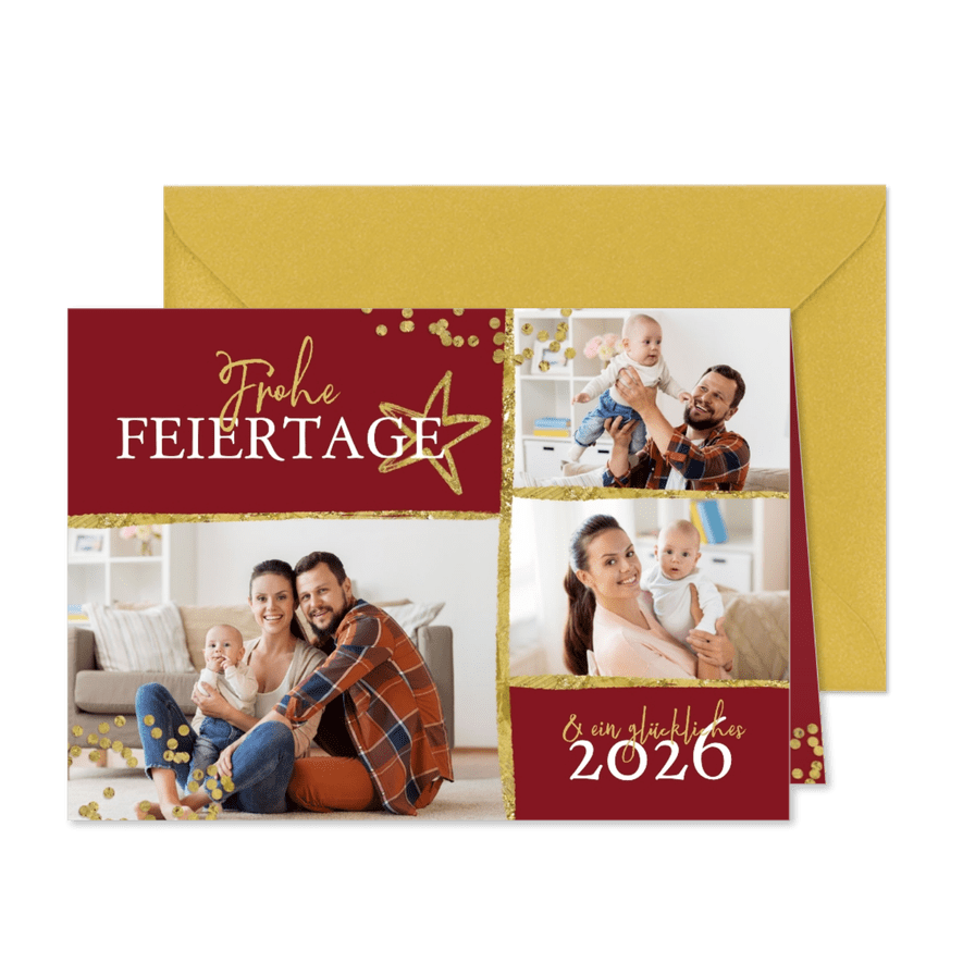 Weihnachtskarte mit drei Fotos, Konfetti und Stern - Karteneindruck