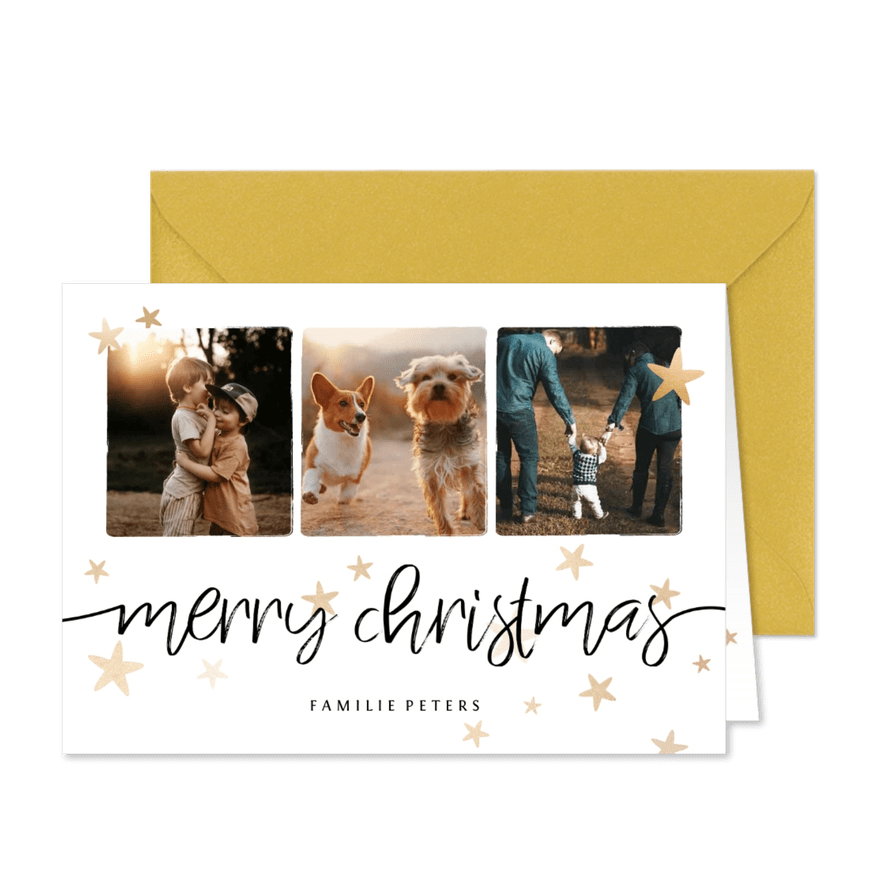Weihnachtskarte mit drei Fotos, Sternen und merry christmas - Karteneindruck
