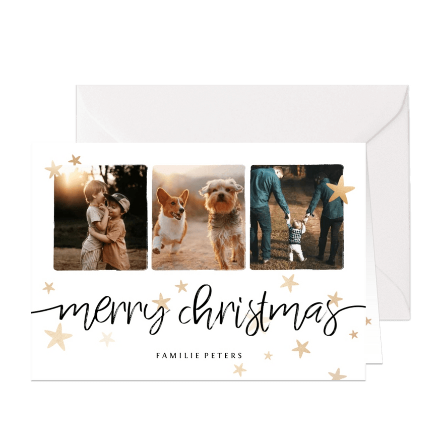 Weihnachtskarte mit drei Fotos, Sternen und merry christmas - Karteneindruck
