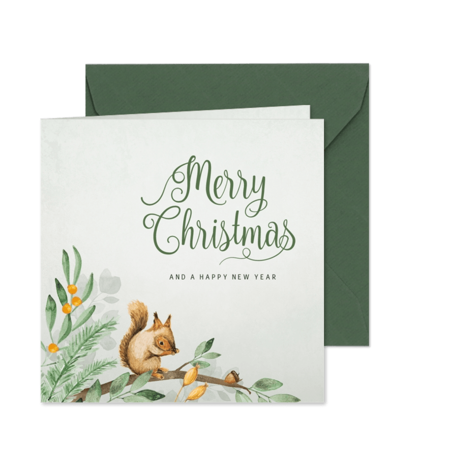 Weihnachtskarte mit Eichhörnchen auf Zweigen - Karteneindruck