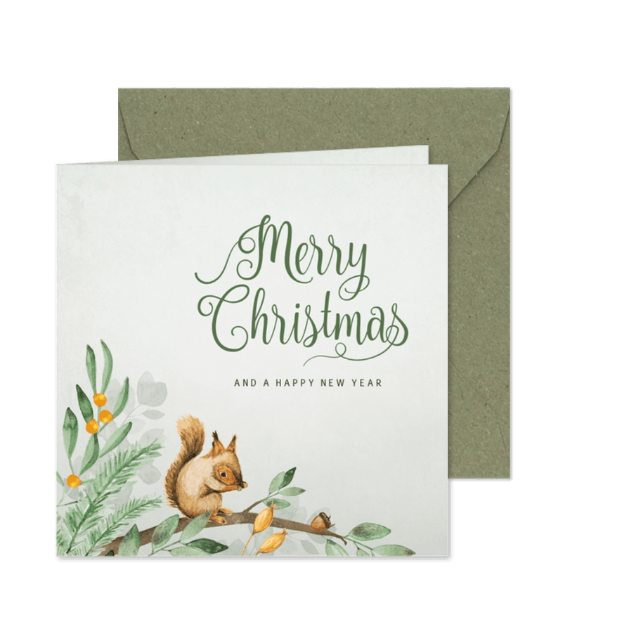 Weihnachtskarte mit Eichhörnchen auf Zweigen - Karteneindruck