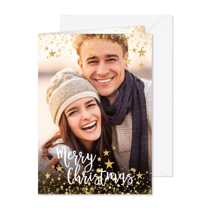 Weihnachtskarte mit eigenem Foto, Goldkonfetti und Sternen - Karteneindruck