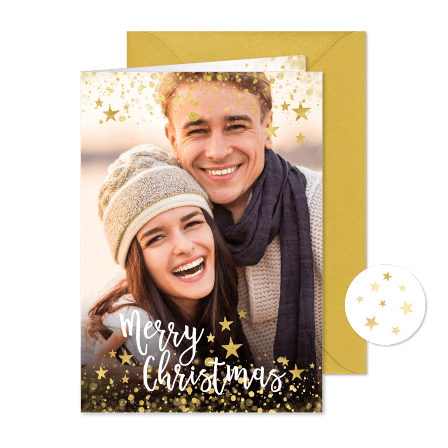 Weihnachtskarte mit eigenem Foto, Goldkonfetti und Sternen - Karteneindruck