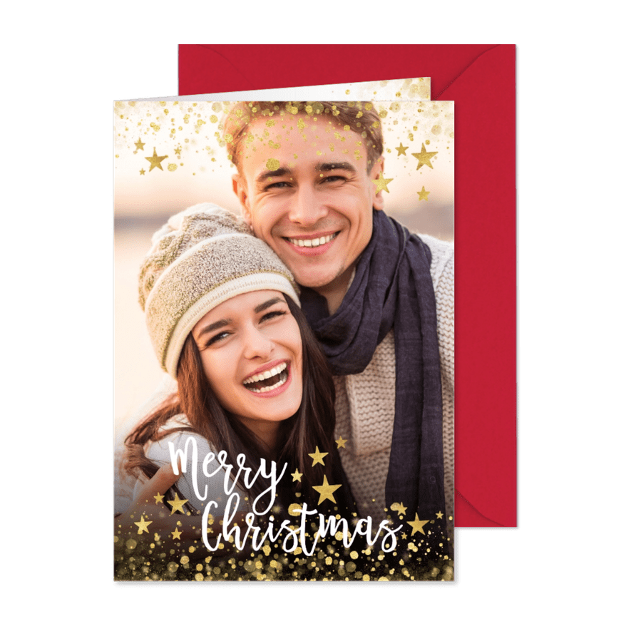 Weihnachtskarte mit eigenem Foto, Goldkonfetti und Sternen - Karteneindruck
