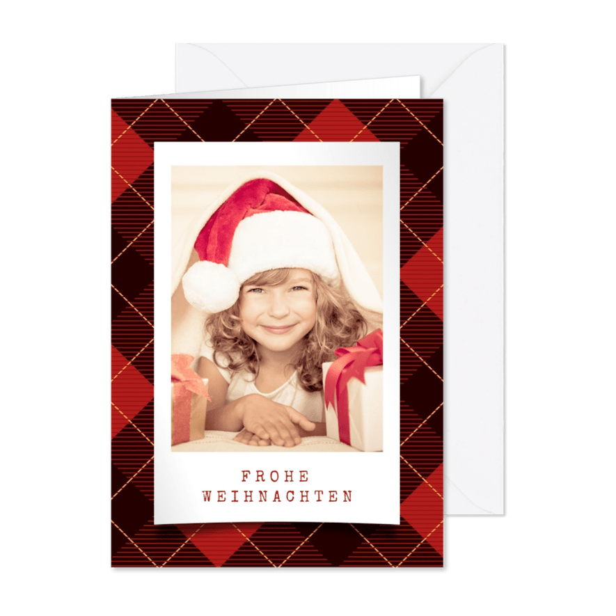 Weihnachtskarte mit Foto auf Schottenmuster - Karteneindruck