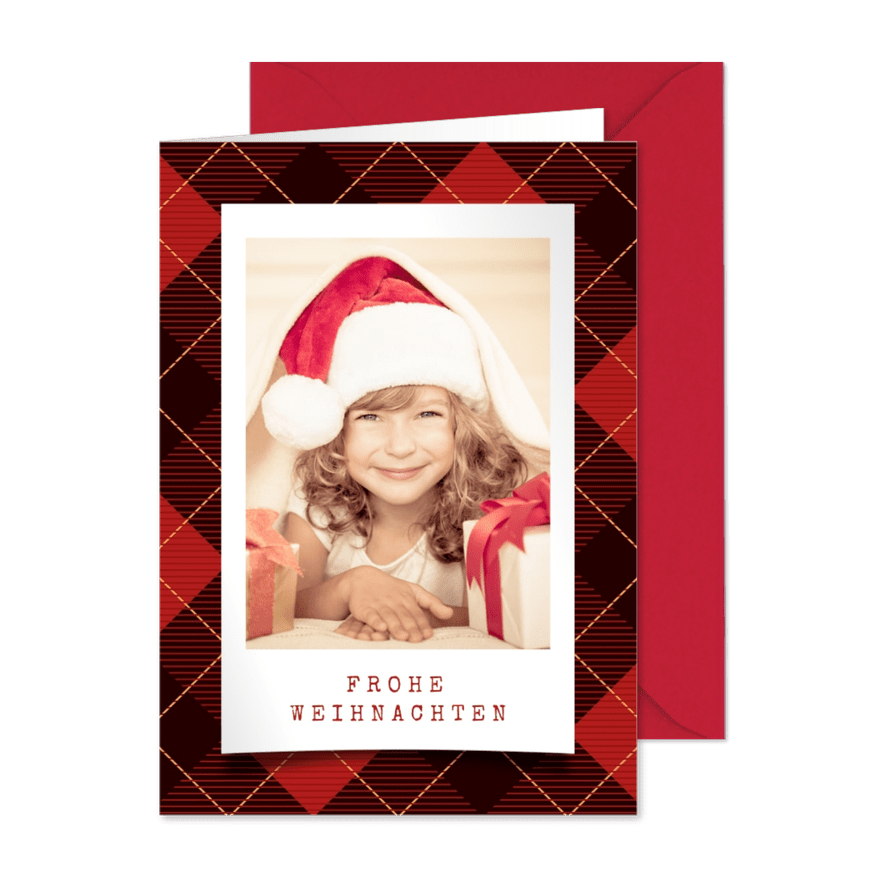 Weihnachtskarte mit Foto auf Schottenmuster - Karteneindruck