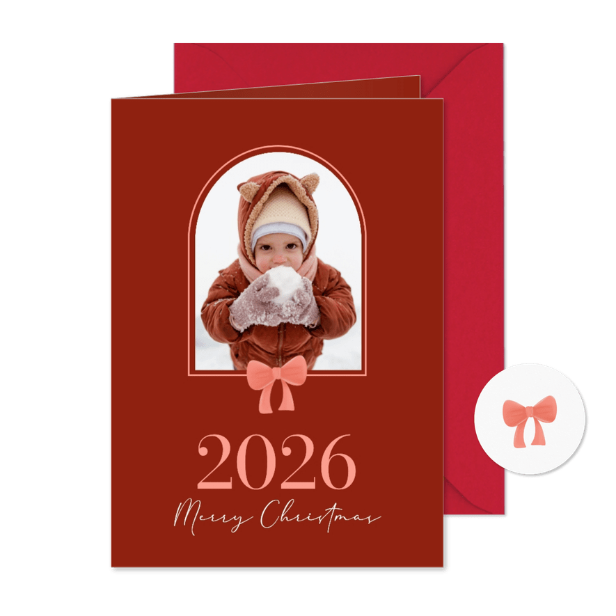 Weihnachtskarte mit Foto Bogen und Schleife auf rot - Karteneindruck