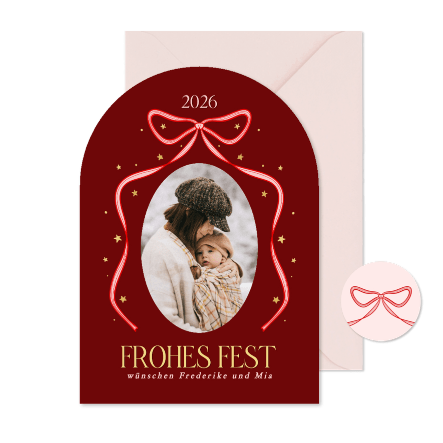 Weihnachtskarte mit Foto Bogenkarte Schleife - Karteneindruck