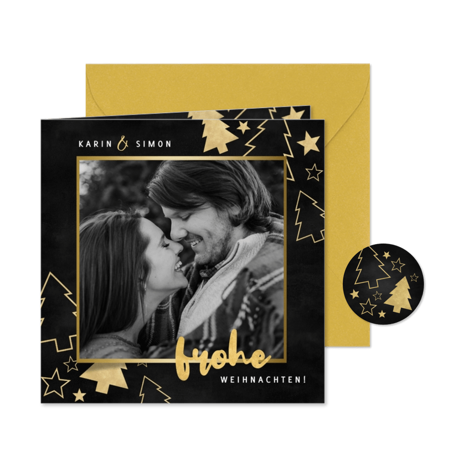 Weihnachtskarte mit Foto in Rahmen und Tannenbäumen - Karteneindruck
