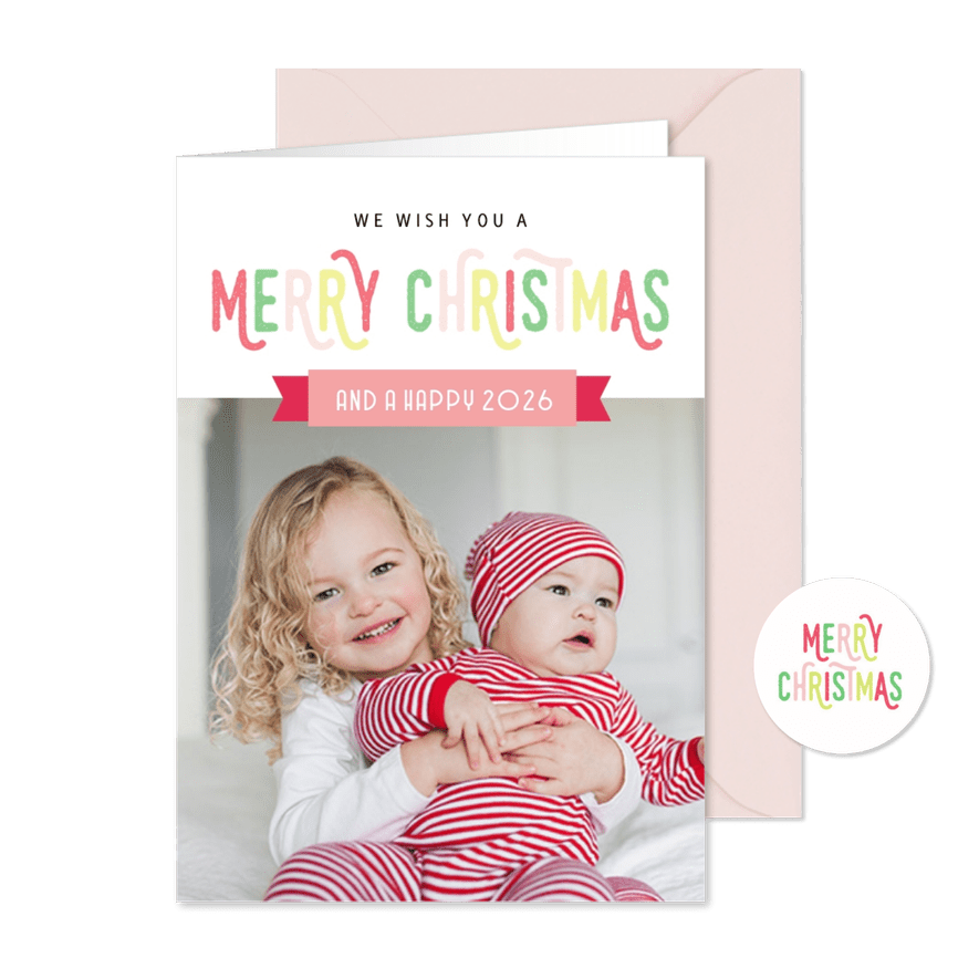 Weihnachtskarte mit Foto und bunter Schrift - Karteneindruck