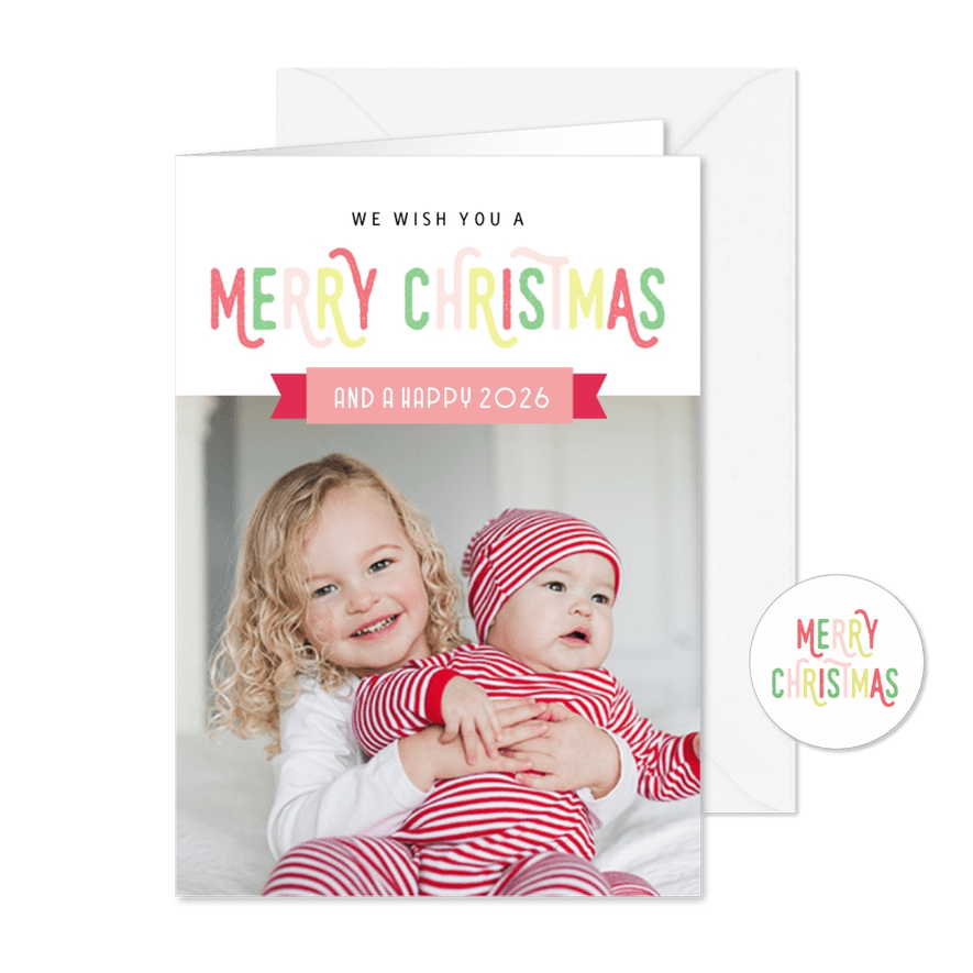 Weihnachtskarte mit Foto und bunter Schrift - Karteneindruck