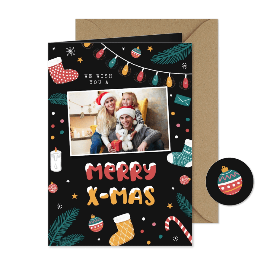Weihnachtskarte mit Foto und fröhlichen Symbolen - Karteneindruck