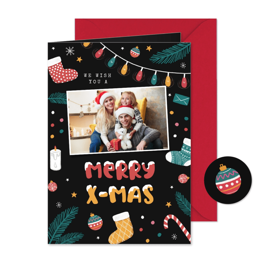 Weihnachtskarte mit Foto und fröhlichen Symbolen - Karteneindruck
