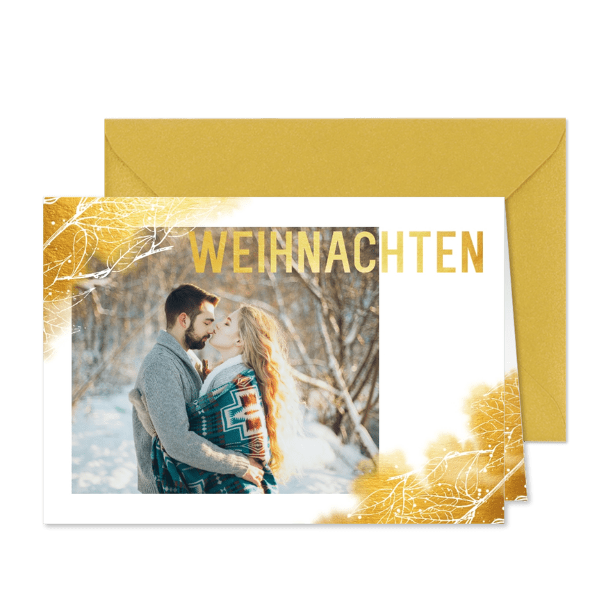Weihnachtskarte mit Foto und goldenen Blättern - Kartenvorschau