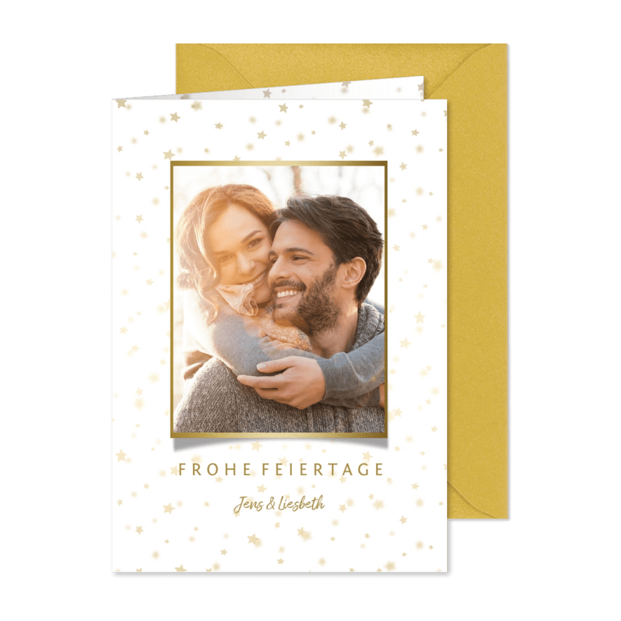 Weihnachtskarte mit Foto und goldenen Sternen  - Karteneindruck
