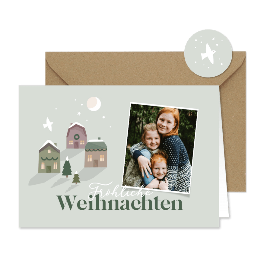 Weihnachtskarte mit Foto und Weihnachtshäusern - Karteneindruck