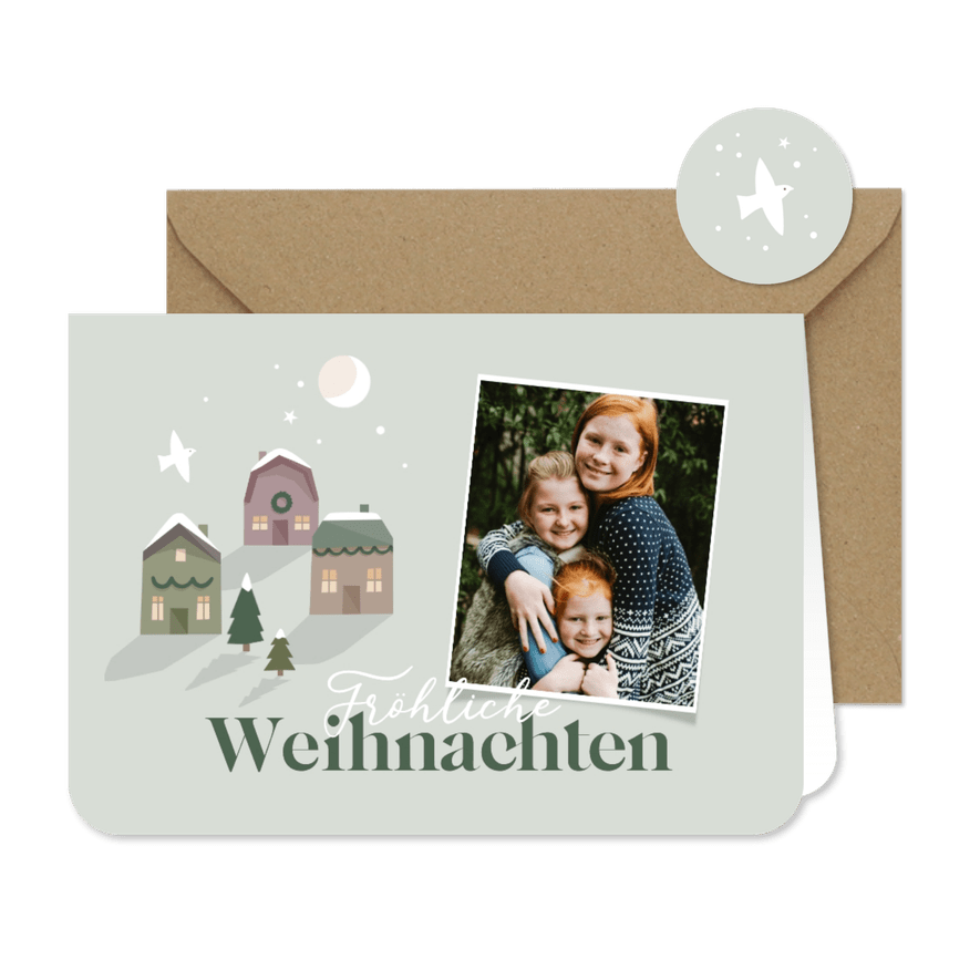 Weihnachtskarte mit Foto und Weihnachtshäusern - Karteneindruck