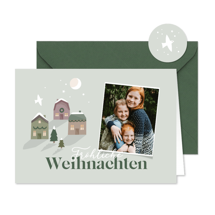 Weihnachtskarte mit Foto und Weihnachtshäusern - Karteneindruck
