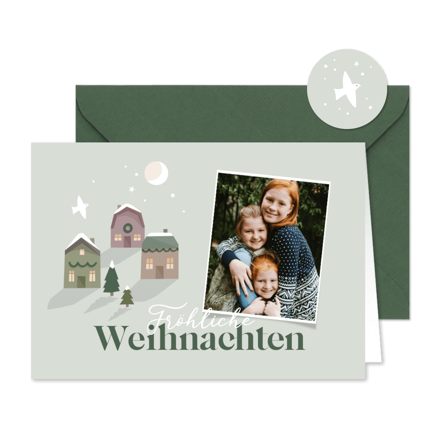 Weihnachtskarte mit Foto und Weihnachtshäusern - Karteneindruck
