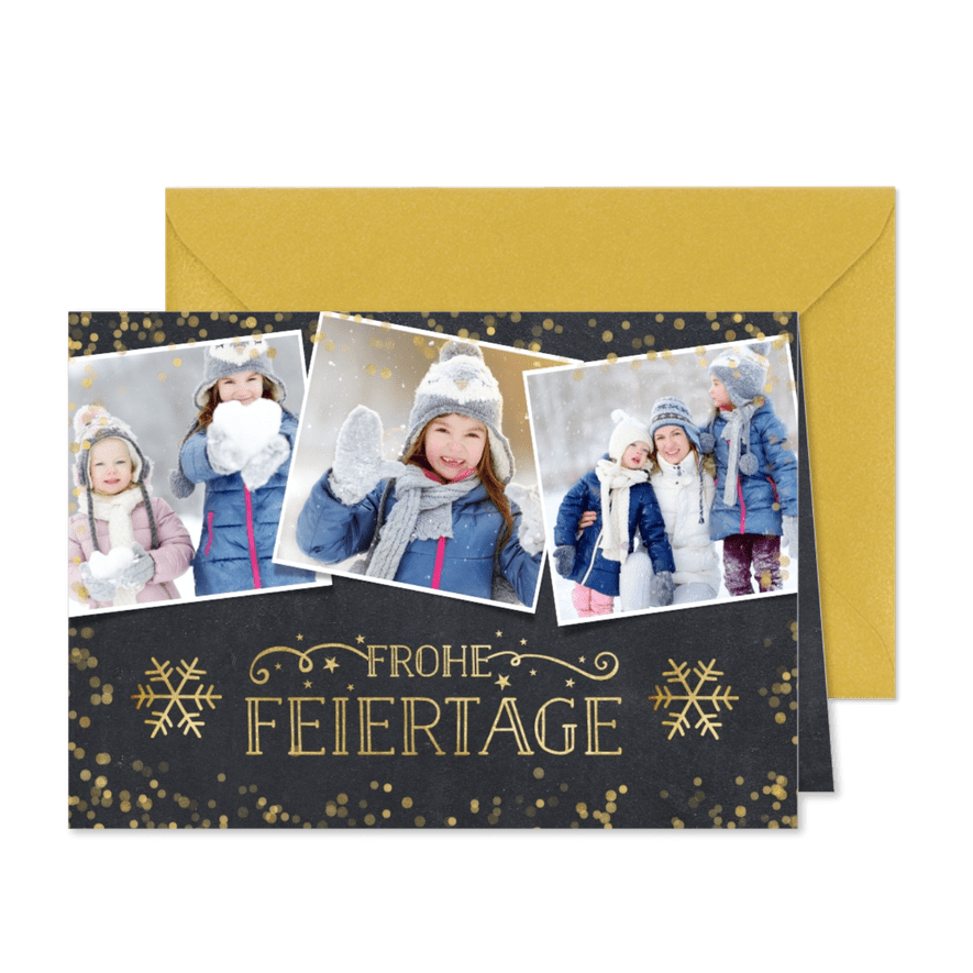 Weihnachtskarte mit Fotocollage und goldenen Schneeflocken - Karteneindruck
