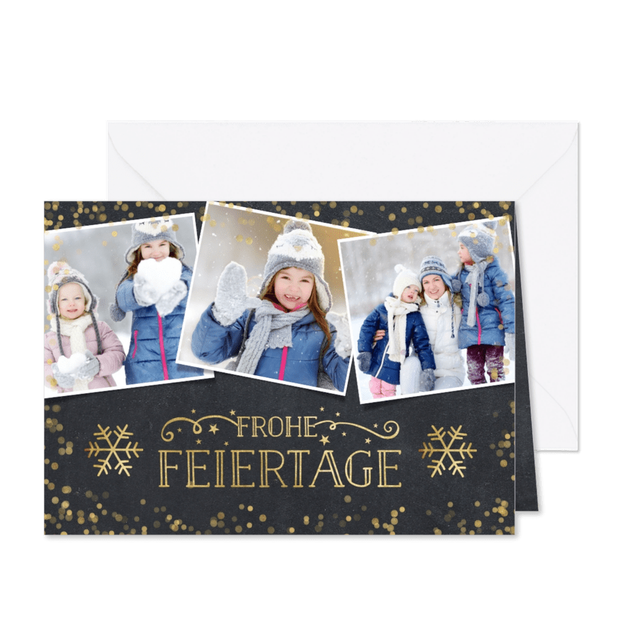 Weihnachtskarte mit Fotocollage und goldenen Schneeflocken - Karteneindruck