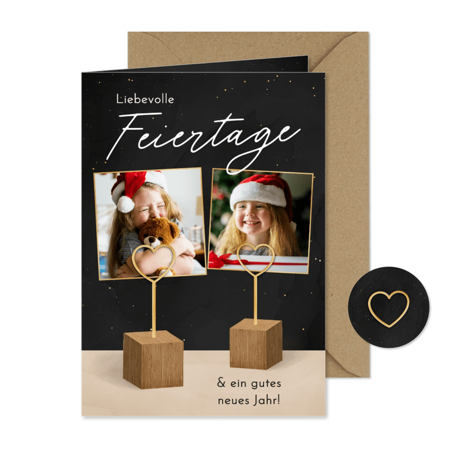 Weihnachtskarte mit Fotos im Fotoständer Herzklammern - Karteneindruck
