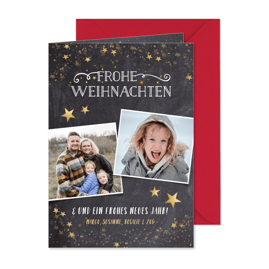 Weihnachtskarte mit Fotos und Goldsternen - Karteneindruck