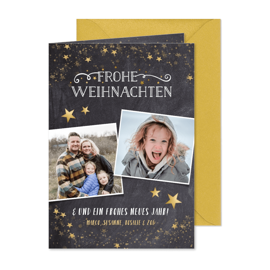 Weihnachtskarte mit Fotos und Goldsternen - Karteneindruck