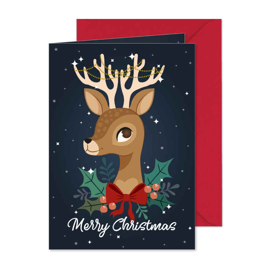 Weihnachtskarte mit fröhlichem Rentier und Sternen - Karteneindruck