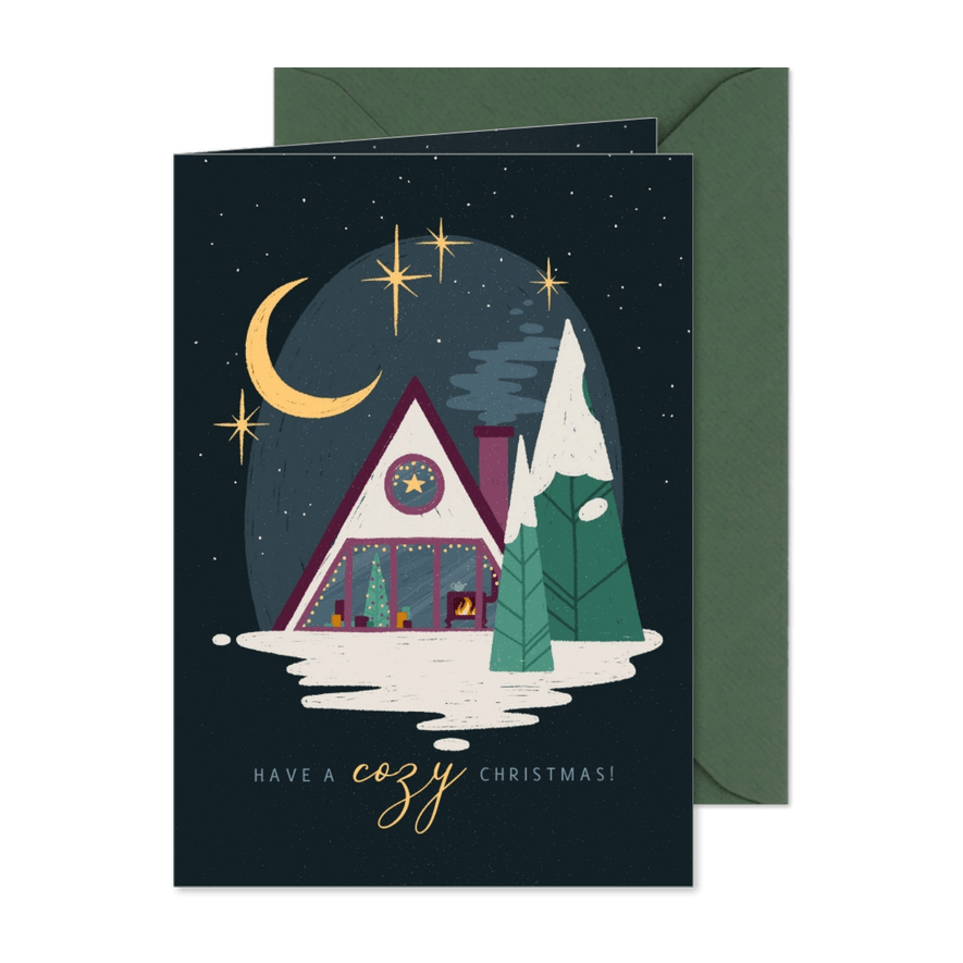 Weihnachtskarte mit gemütlicher Wald-Hütte - Karteneindruck
