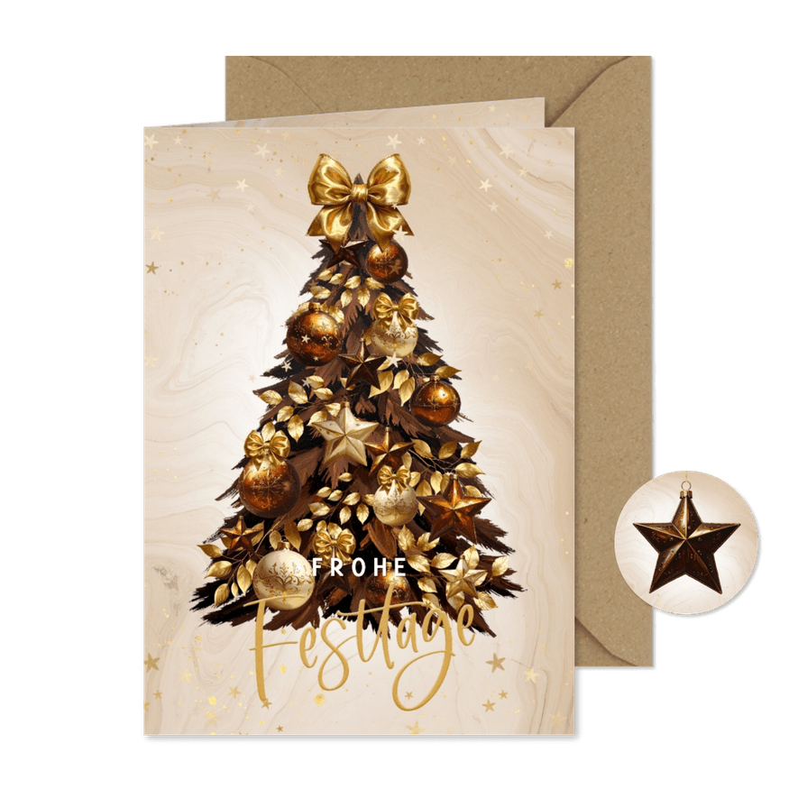 Weihnachtskarte mit goldener Christbaum Kugeln und Schleifen - Karteneindruck