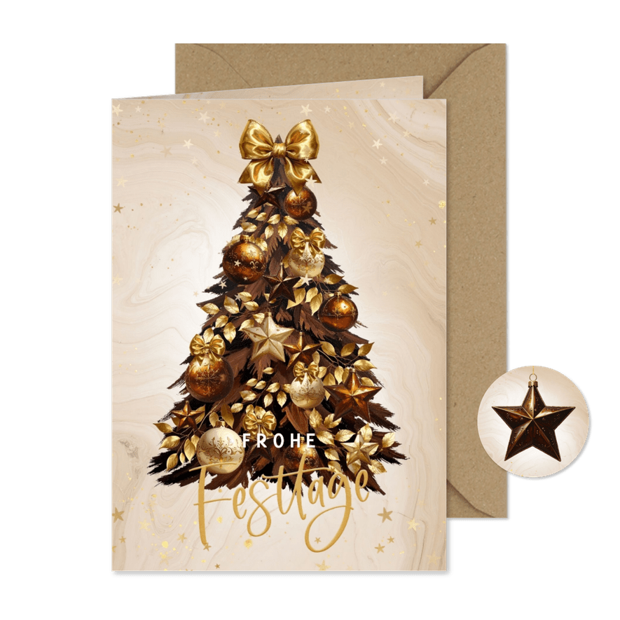 Weihnachtskarte mit goldener Christbaum Kugeln und Schleifen - Kartenvorschau