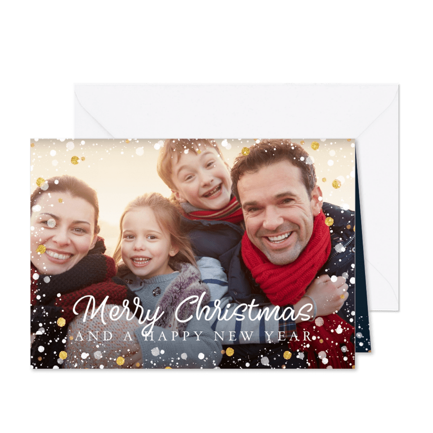 Weihnachtskarte mit großem Foto und Tupfen weißgold - Karteneindruck