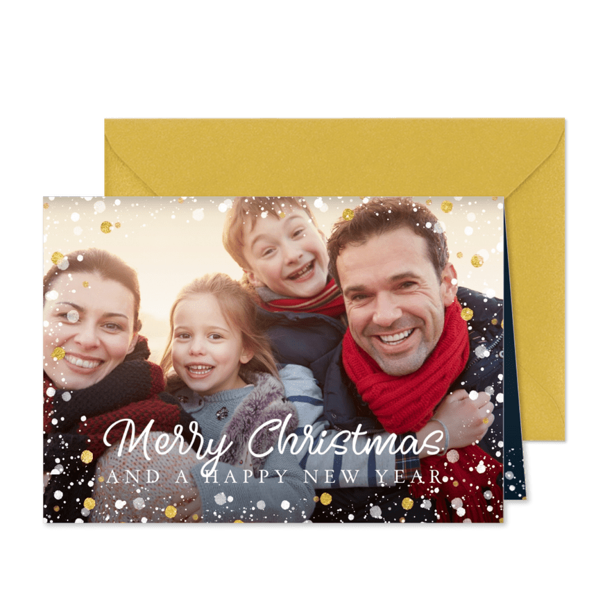 Weihnachtskarte mit großem Foto und Tupfen weißgold - Karteneindruck
