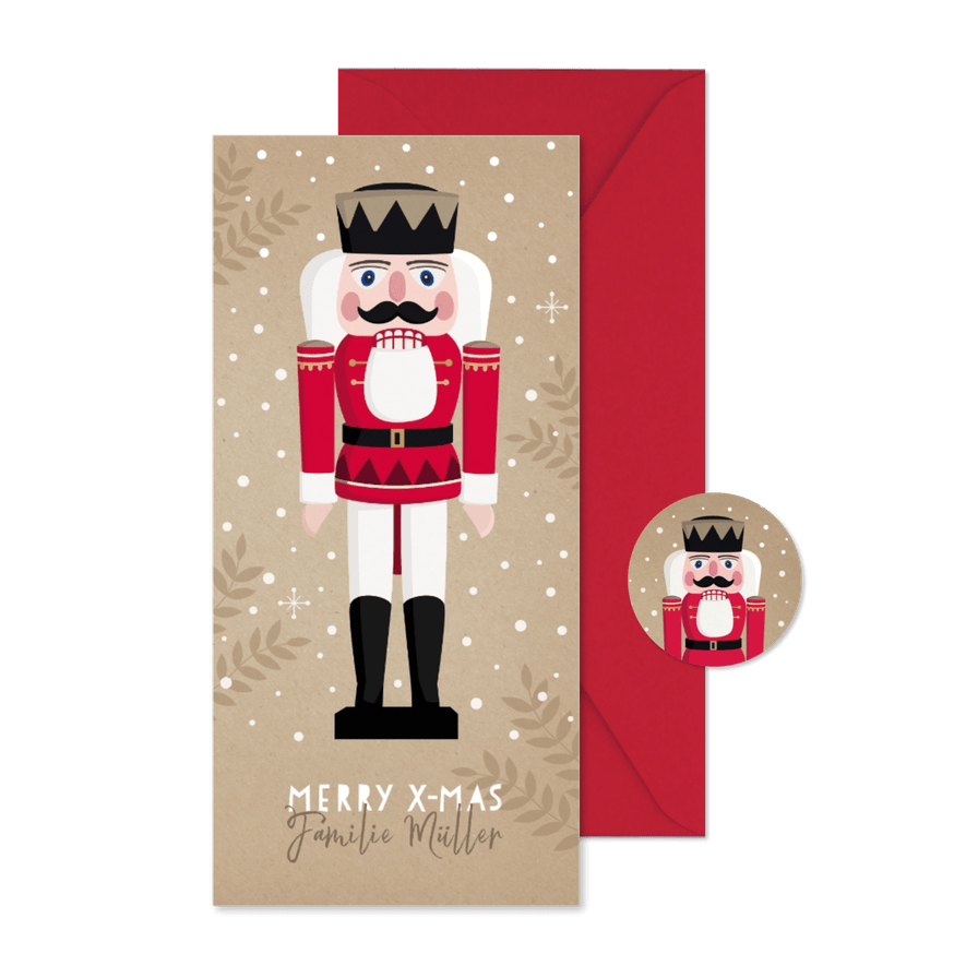 Weihnachtskarte mit großem Nussknacker und Zweigen - Karteneindruck