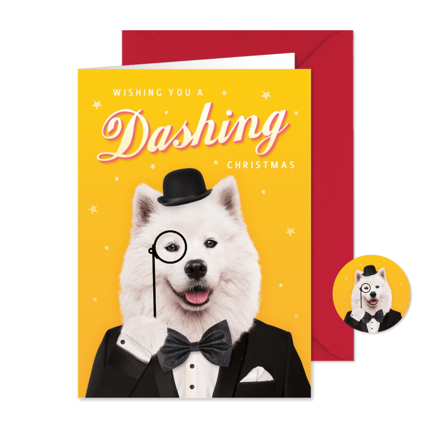 Weihnachtskarte mit Hund 'Dashing Christmas' - Karteneindruck
