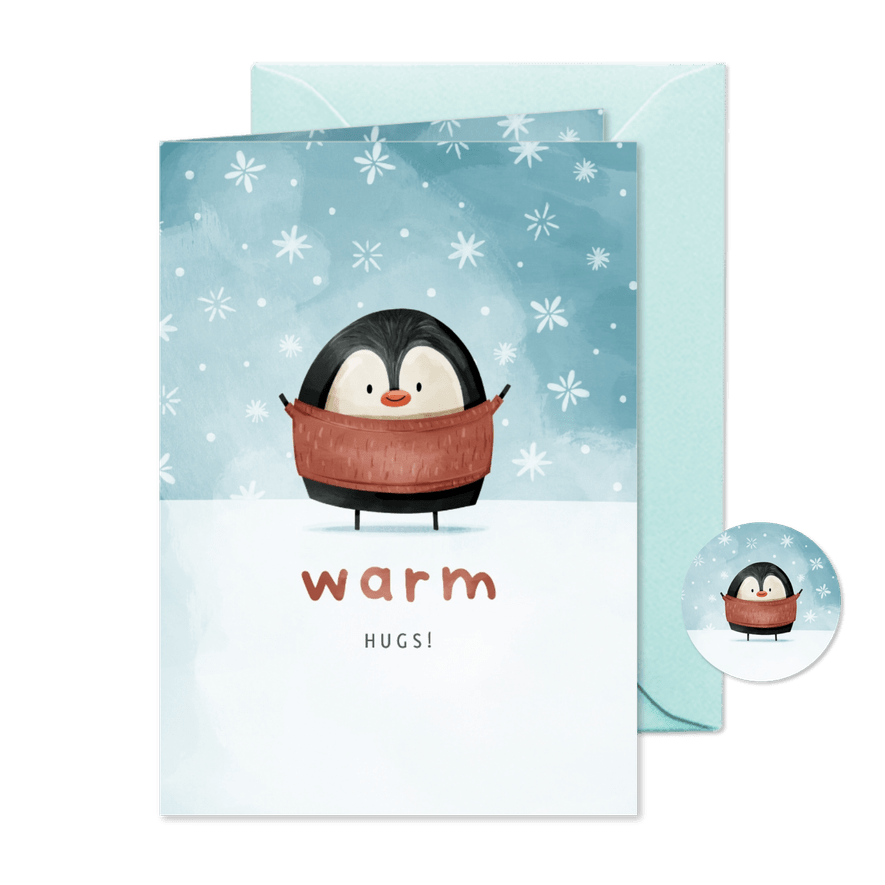 Weihnachtskarte mit kleinem Pinguin 'Warm hugs' - Karteneindruck