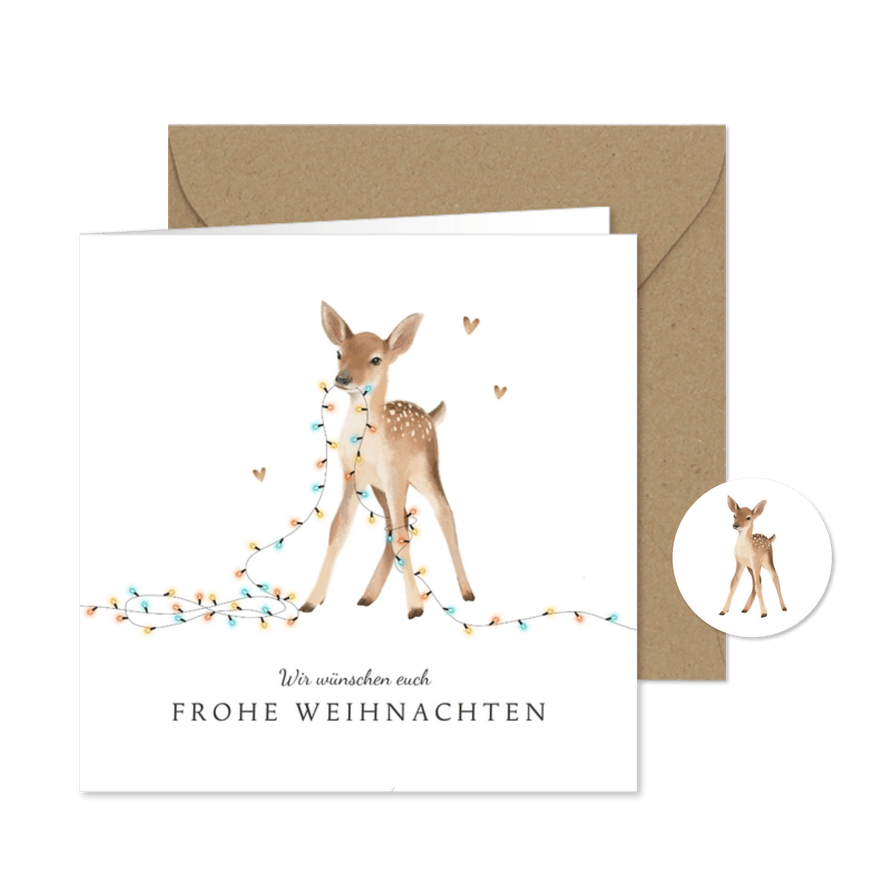 Weihnachtskarte mit niedlichem Reh, Lichterkette und Herzen - Kartenvorschau