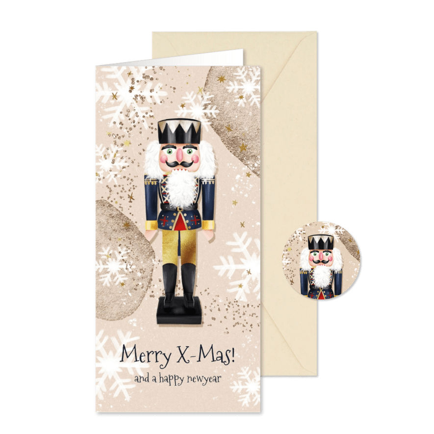 Weihnachtskarte mit Nussknacker und Schneeflocken - Karteneindruck