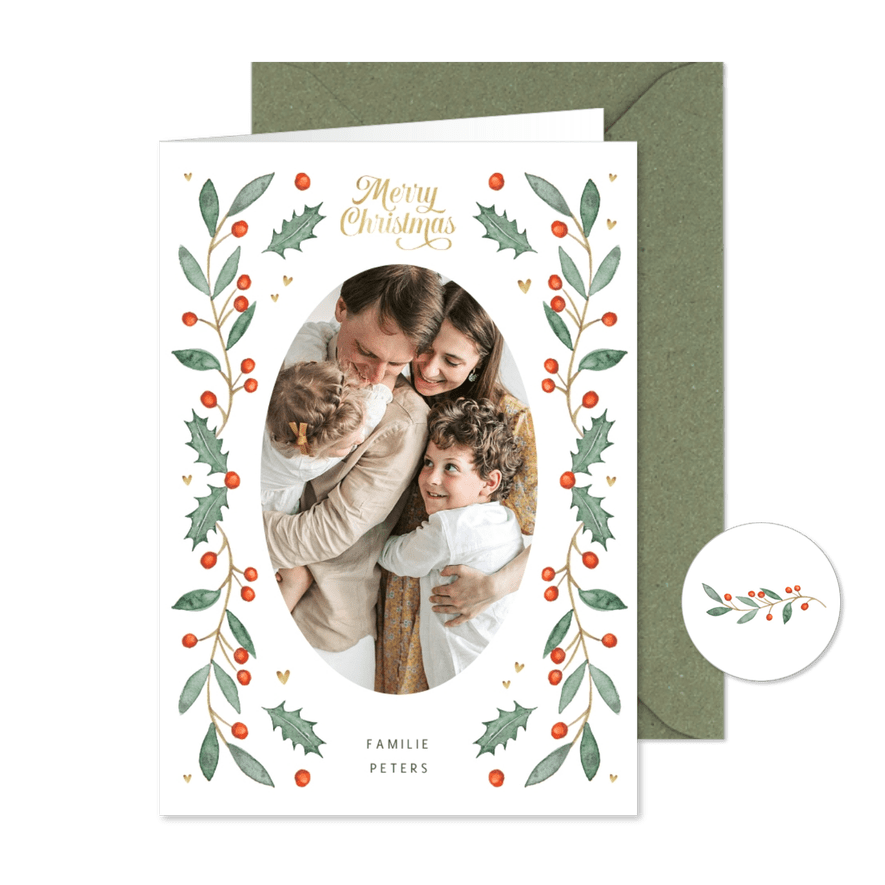 Weihnachtskarte mit ovalem Foto, Stechpalme und Herzen - Karteneindruck
