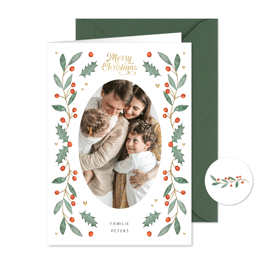 Weihnachtskarte mit ovalem Foto, Stechpalme und Herzen - Karteneindruck