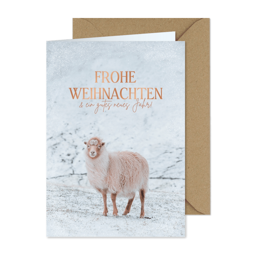 Weihnachtskarte mit Schaf im Schnee - Karteneindruck
